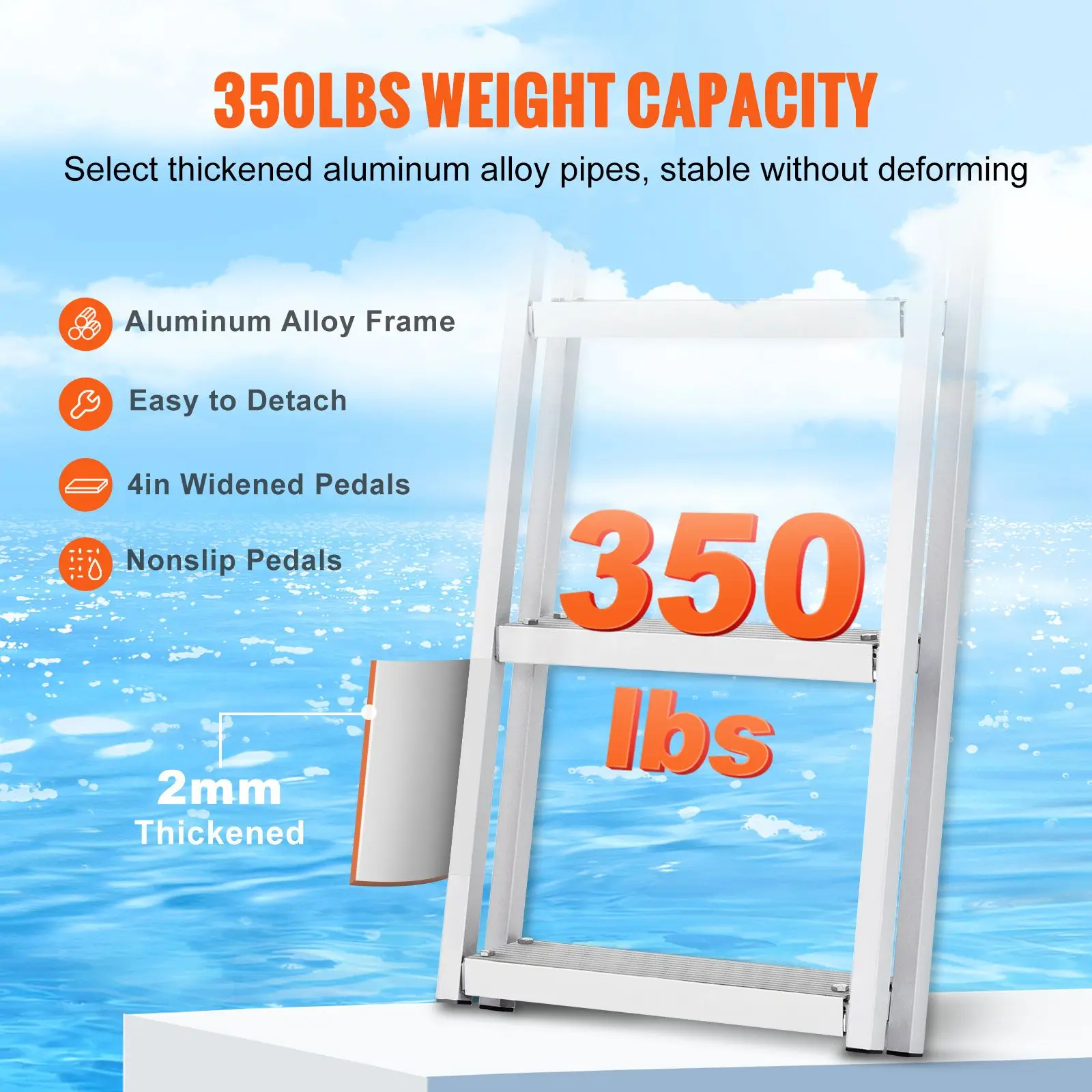 Dock Ladder, Removable 3 Steps, 350 lbs Load Capacity, Aluminum Alloy Pontoon Boat with 4'' Wide & Nonslip Mat, Easy to Install