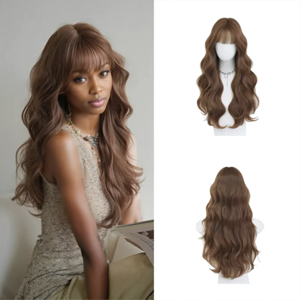 La frangia riccia lunga sintetica ondulata marrone-nero di alta qualità è adatta per le parrucche naturali soffici resistenti al calore per le feste quotidiane delle donne