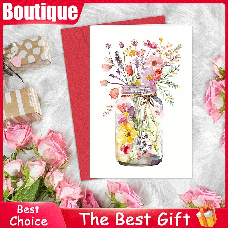 

Watercolor Wildflower Jar Greeting Card Floral Botanical Blank Note Card for Birthday Thank You Wedding Baby Sho