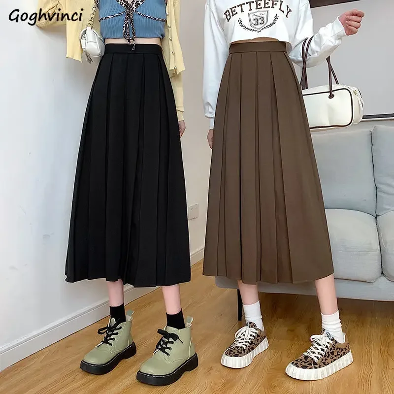 Skirts Women Clothes Autumn New Pleated Fashion Mid-calf Sweet Friends All-match Temperament 90's Casual Harajuku Solid Vintage