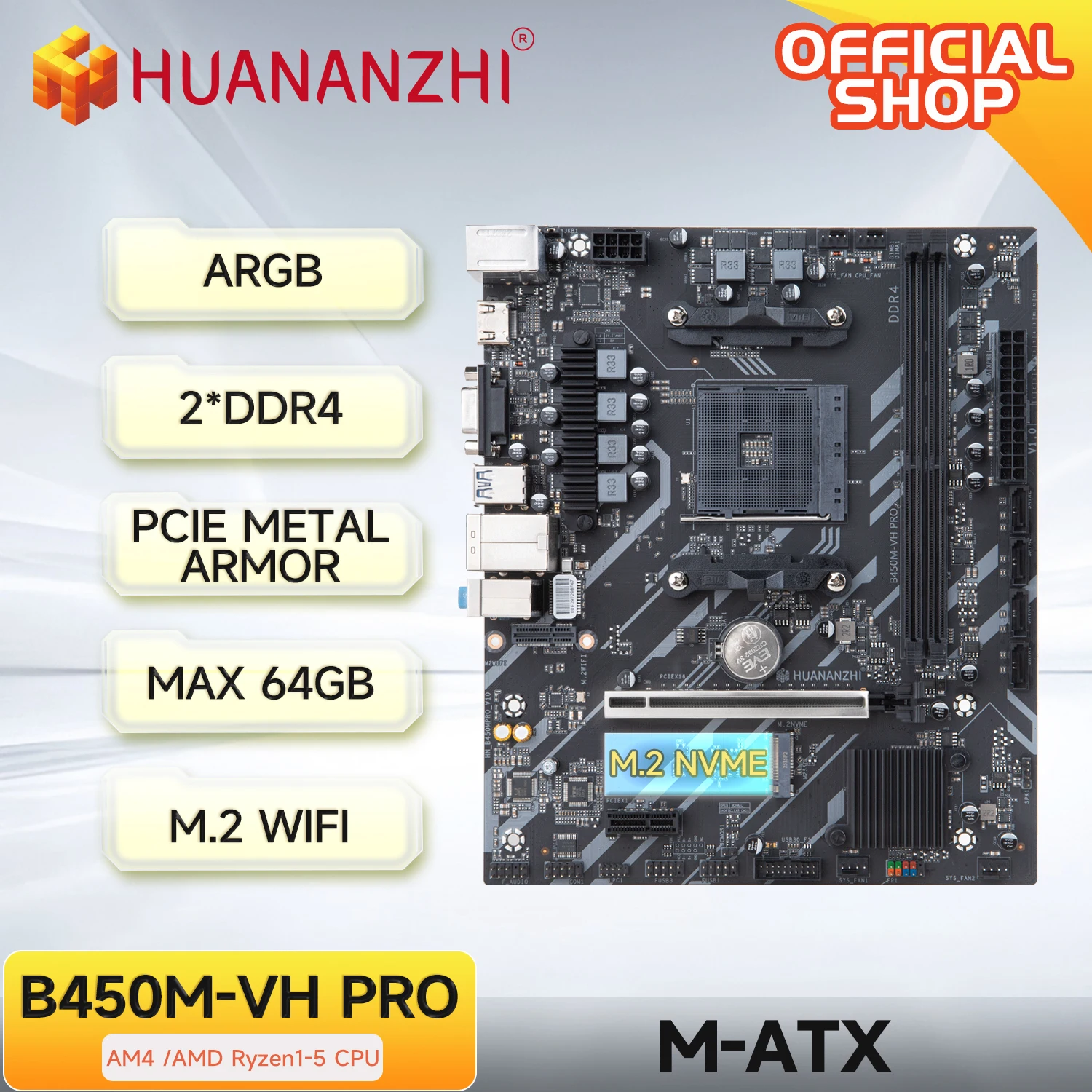 

HUANANZHI AMD B450M VH PRO Gaming Motherboard USB3.0 M.2 Nvme Sata3 Supports Ryzen 5500 5600 5600G CPU