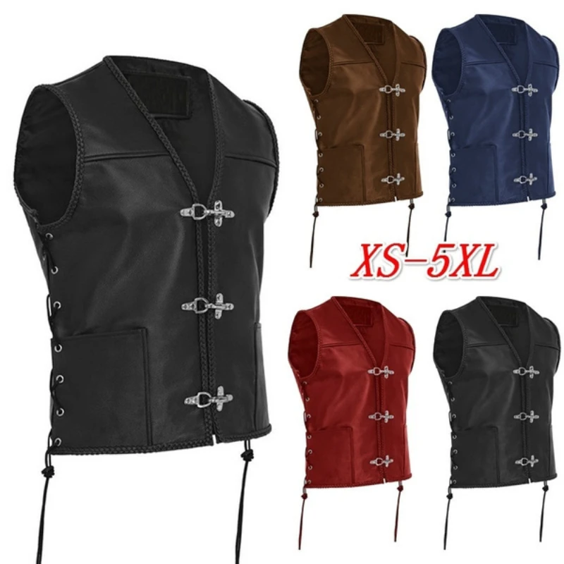 Warrior Leather Camisole Knight Costume Men Medieval Leather Armor Sleeveless Vest Top Lace Up Leather Waistcoat Plus Size