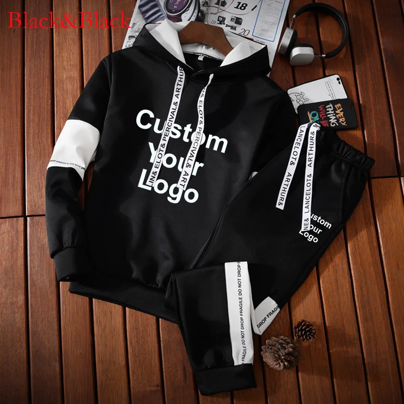 Men\'s Custom Your Logo Jogging Hooded Sweatshirt Suit Pullover Sweatpants Sports Track Suit