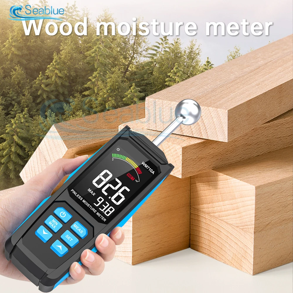 WM710A Digital Wood Moisture Meter Non-destructive Spherical Hygrometer Record Humidity Auto Detect Wettest Timber Damp Detector