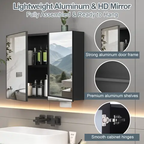 80x60cm Wall Mounted Medicine Cabinet 2 Door Bathroom Mirror Cabinet with Storage Shelves Modern Black Bathroom Organizer