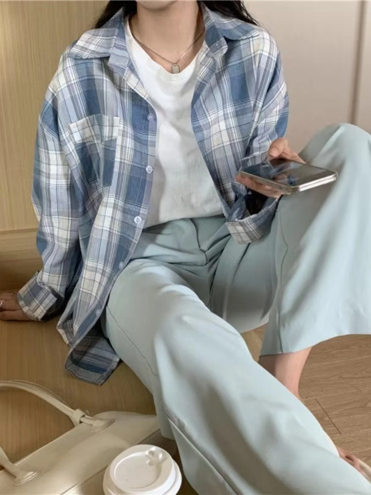 2025 New Women's Loose Plaid irt Korean Sle Design Sensation Spring Autumn Faion Commute Sle Regular Sve Long ...