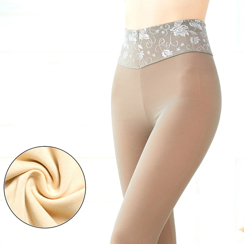 

Women Skinny Lace Embroidery High Waist Pantyhose Leggings Thermal Stocking Plus Velvet Tights Elastic Warm Winter Fleece