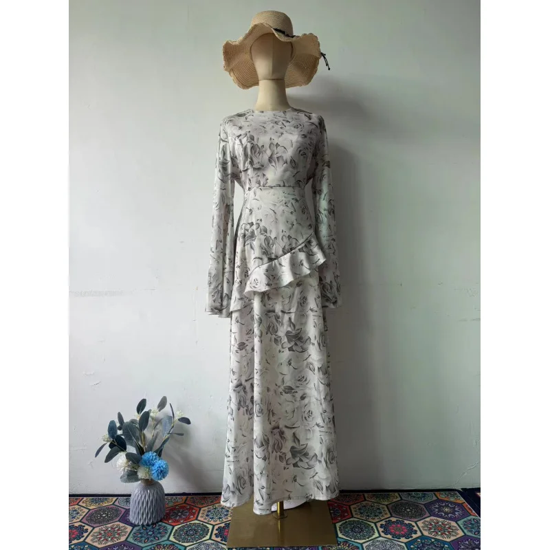 European Station2025Spring New Round Neck Elegant Waist-Cinching Printed Design Dress for Women Long Dress