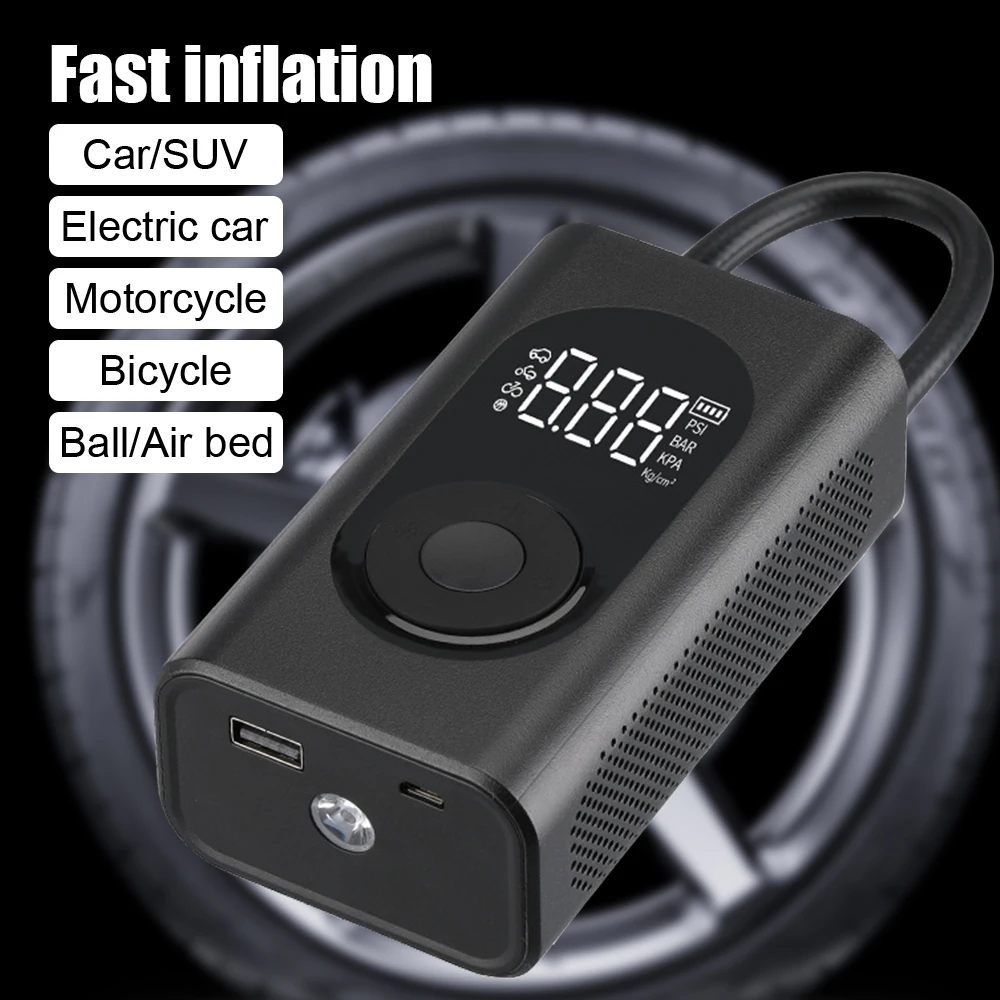 15L/min 12V Motorcycle Electric Inflator Car Air Compressor 150PSI Tire Inflation Portable Air Pump 4000mAh Power Bank LED Light