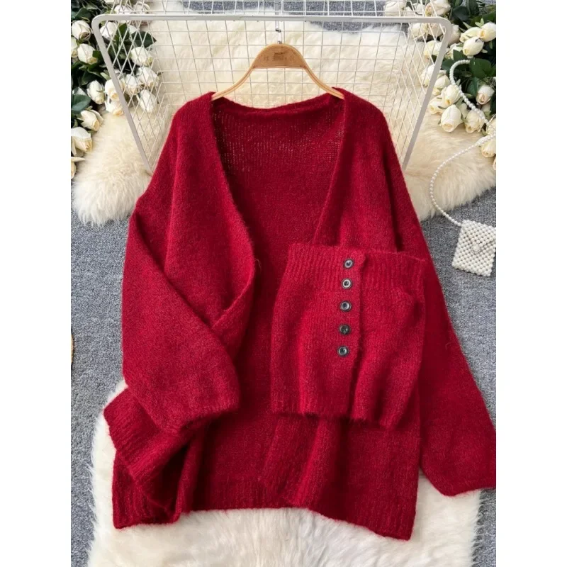 Lazy Style Long Cardigans Women New Fashion Sleeveless Button Inner Strapless Tops Loose Knitted Sweater Jacket Autumn Winter