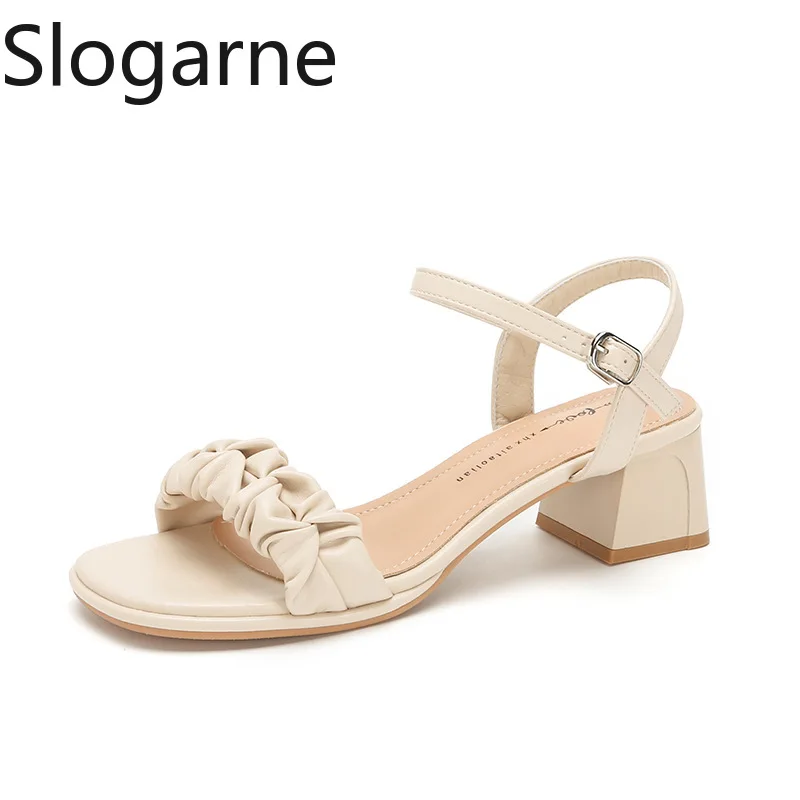 

2026 New Thick Heel Sandals Women Belt Soft Sole Slippers Ladies Summer Leather High Heels Shoes Girls Fashoion Sandals Slides