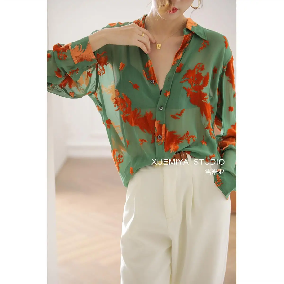 Summer Woman Clothes Thin Green Perspective Shirt Chiffon Tops Floral Sunscreen Chic Ins Elegant Youth Long Sleeve Polo-neck