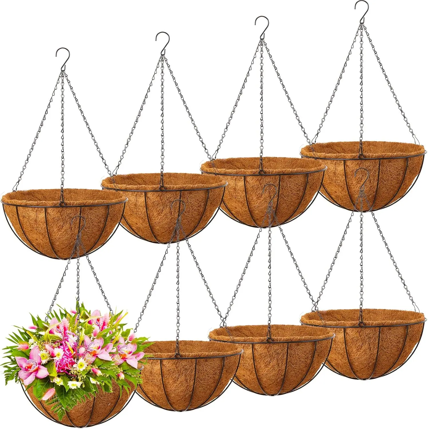 

8 Pcs 12 Inch Round Wire Hanging Baskets with Coconut Coir Liners and Chain for Outdoor Patio Garden Porch Plant Decoration