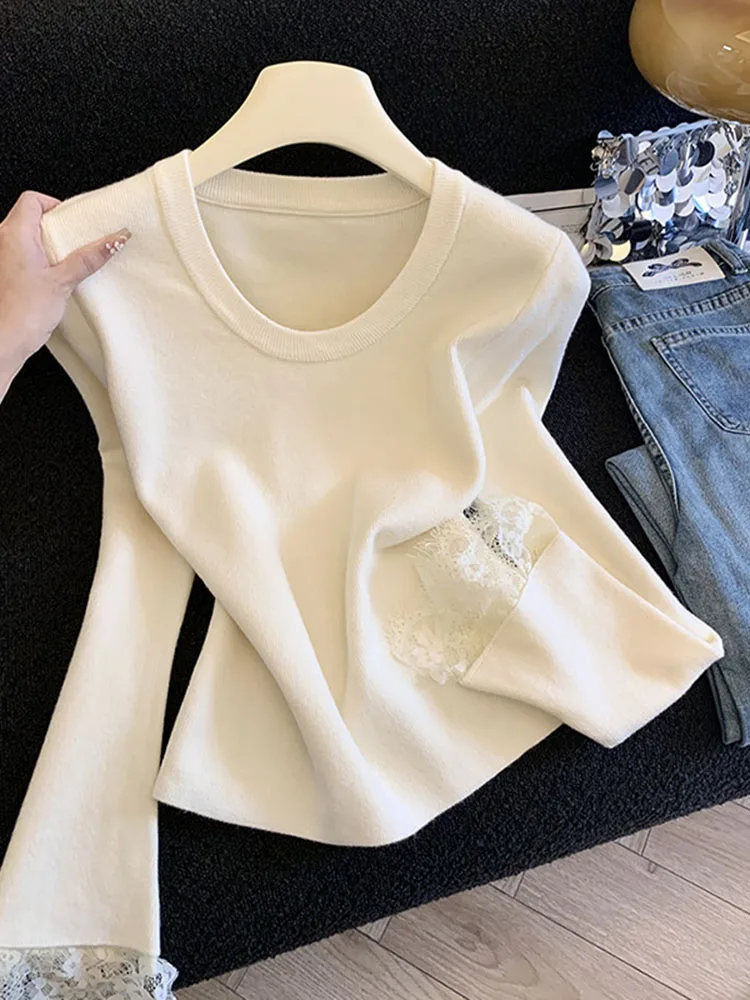 

Sweet Sle Long Sve Lace Splice Knitted Sweater Women's Winter New round Ne Base irt Sweater Ci Walk Suitable for G...