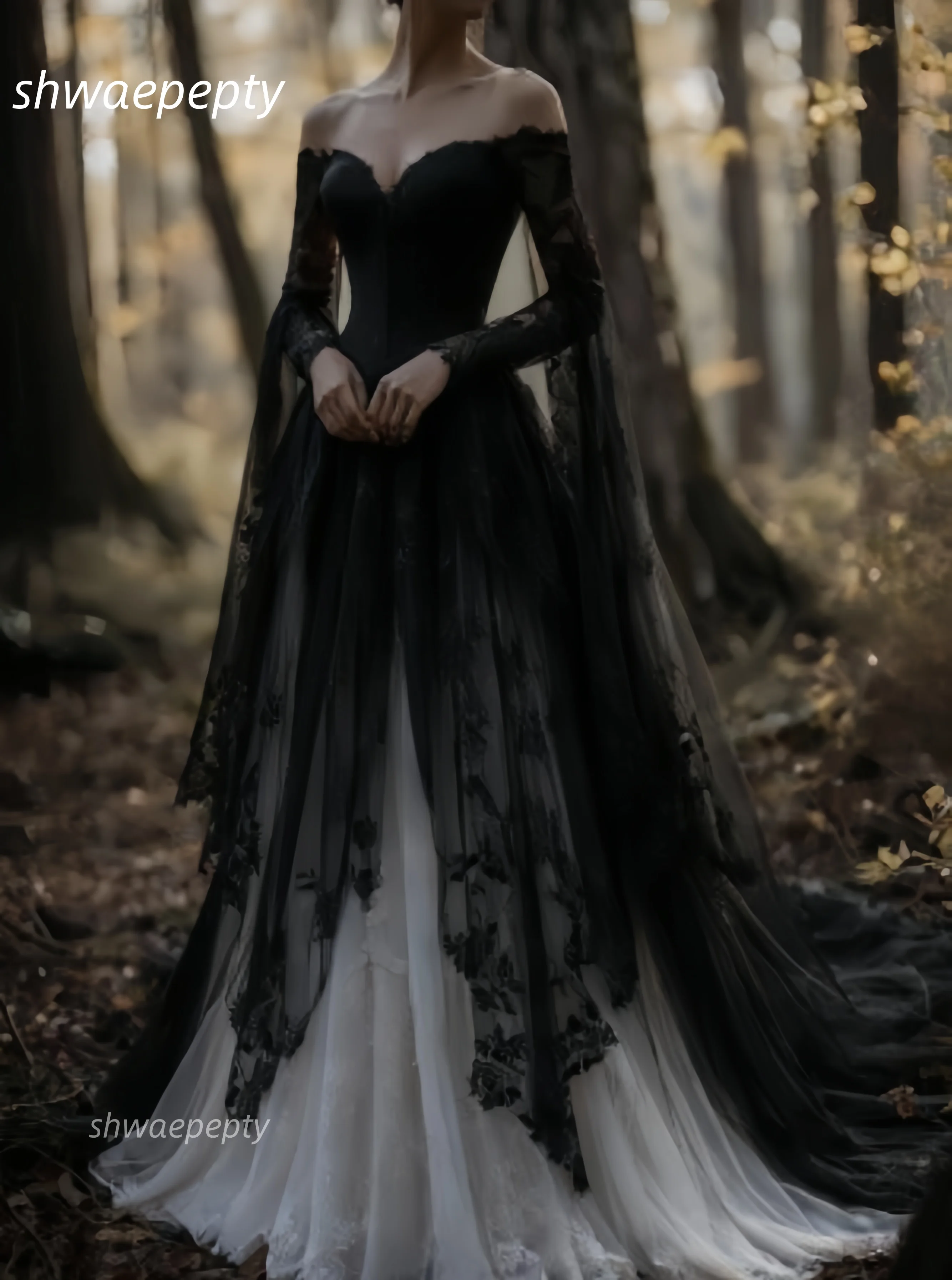 Vestido de novia medieval de la época renacentista, negro y marfil, corte en A, vestidos de novia de fantasía, hombros descubiertos, mangas largas, personalizado
