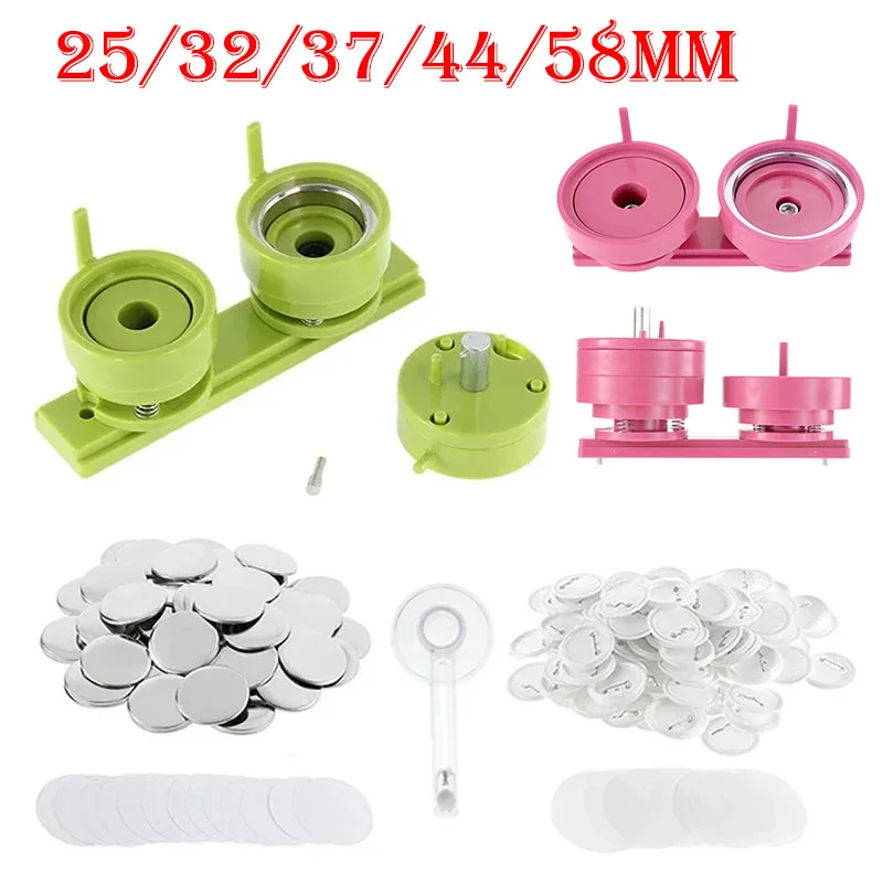 Badge Pin Button Maker Machine Mold DIY Making Badge Button Materials 100Sets 25/32/37/44/58mm Button Parts + Circle Cutter