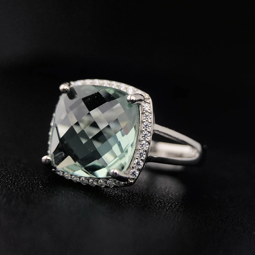 CSJ Elegant Green Amethyst Ring Cushion Cut12mm Gemstone Sterling 925 Silver Fine Jewelry for Women Girl Party with Gift Box