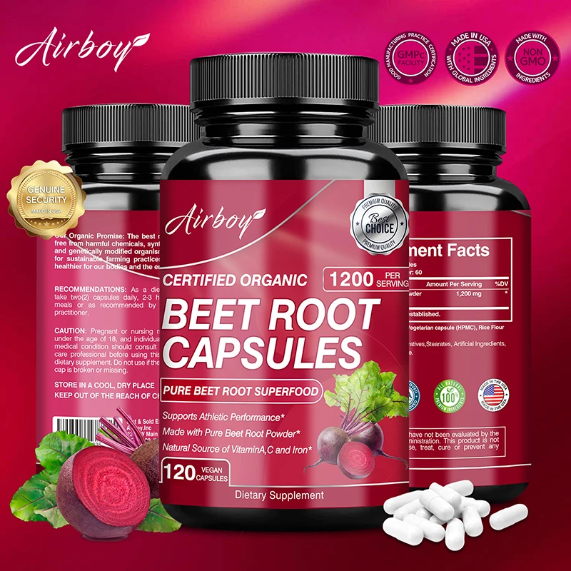 

Beet Root Capsules - Supports Blood Pressure, Athletic Performance, Digestive, Immune System, Pure, Non-GMO & Gluten Free