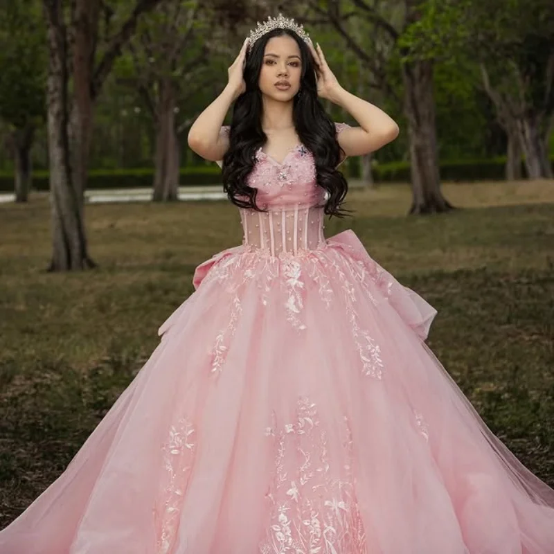 

Light Pink Quinceanera Dresses off-shoulder Glitter Decal Layering Long tail Bow Vestido De 15 Quinceanera Customize