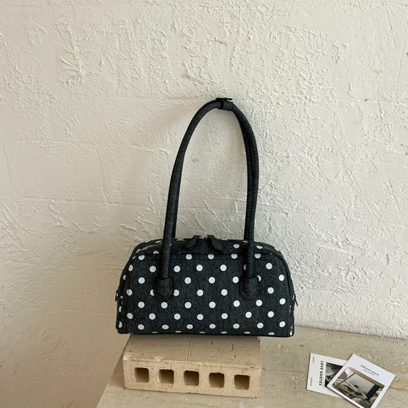 2026 New Polka Dot Mini Boston Shoulder Bag, Elegant Women Long Handle Underarm Handbag With Bow Pearl Pendant For Spring Daily