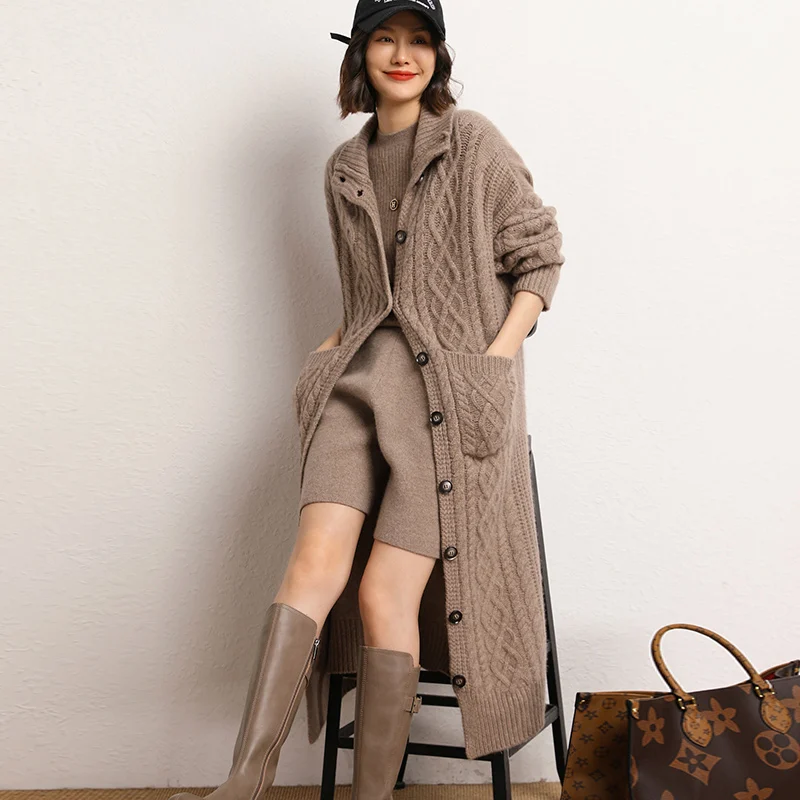 2023 Autumn Winter New 100% Cashmere Cardigan Knitted Sweater Women\'s Loose Large Size Long Cardigans Solid Thicken Warm Coat