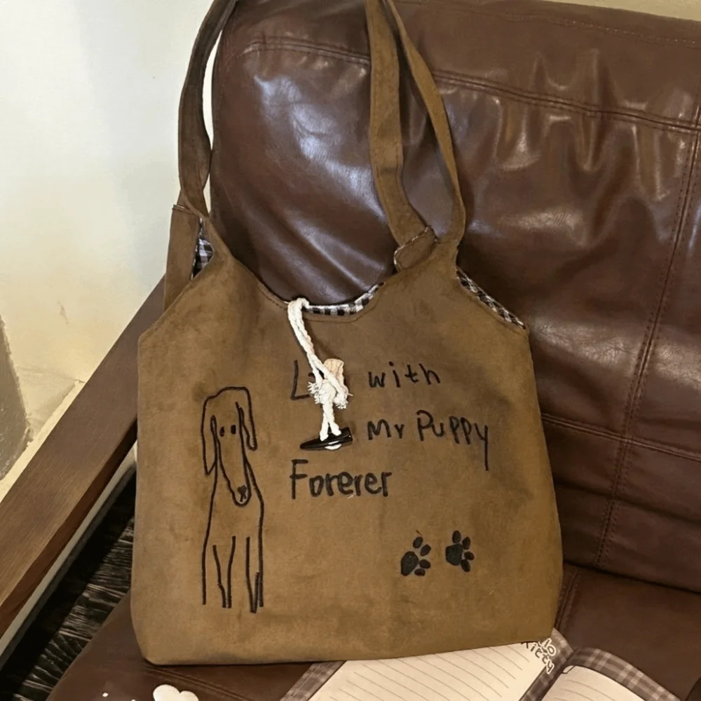 Cute Design Vintage Puppy Paw Print Tote Bag Little Dog Washed Canvas Handbag Plaid Lining Soft Fabric Shopper Bag Party Use