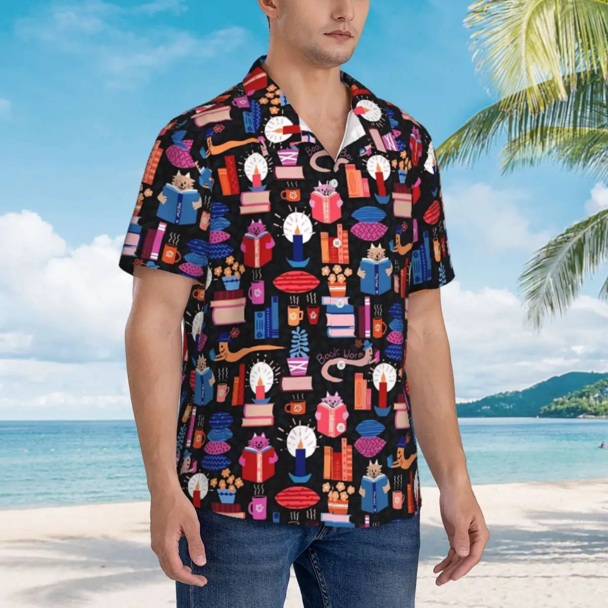 Library Cats Beach Shirt Midnight Reading Hawaiian Casual Shirts Men Vintage Blouses Short Sleeve Harajuku Design Clothing