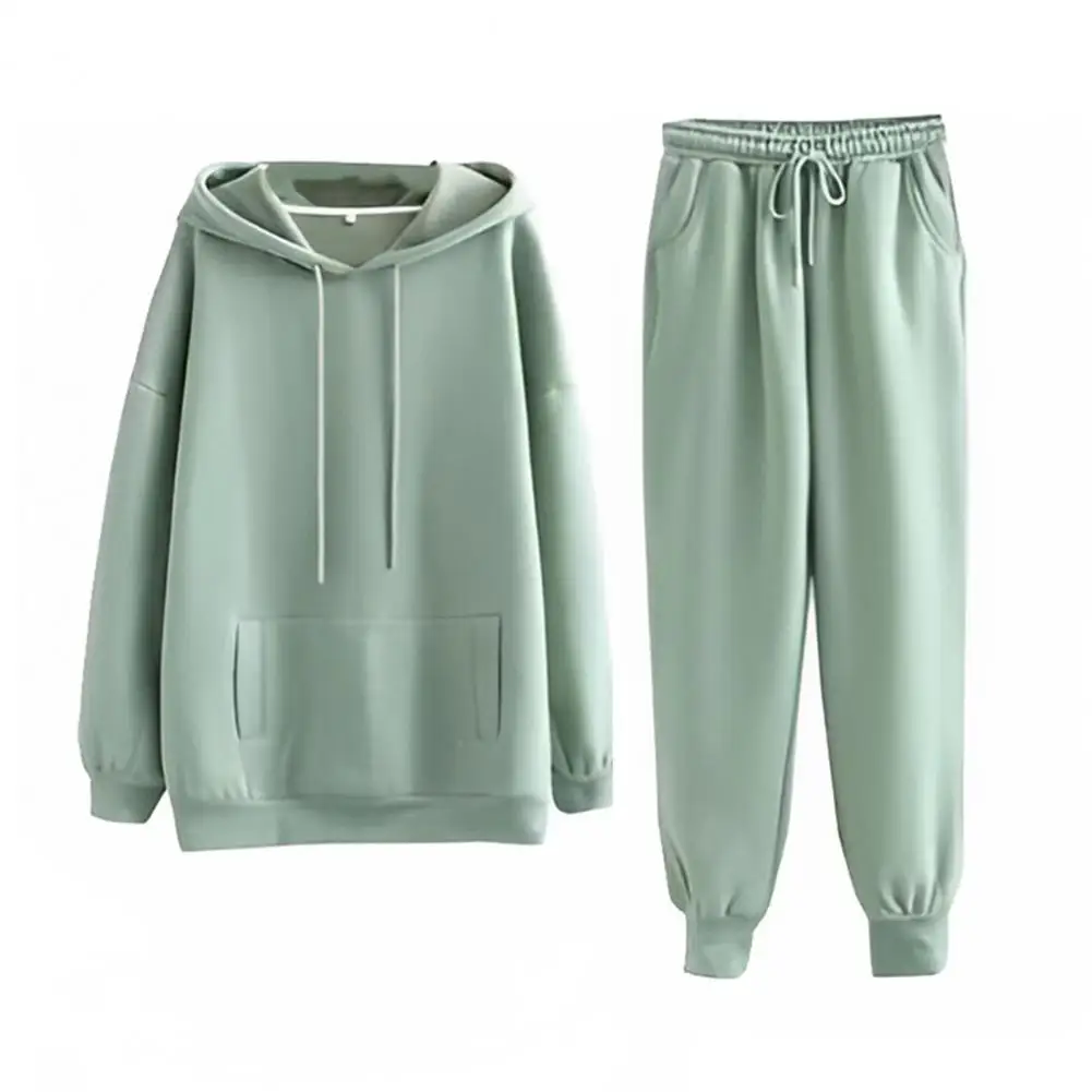 Women Hoodie Pants Set Long Sleeve Hooded Thick Warm Drawstring Elastic Waist Loose Pockets Sports Ankle-banded Trousers Set