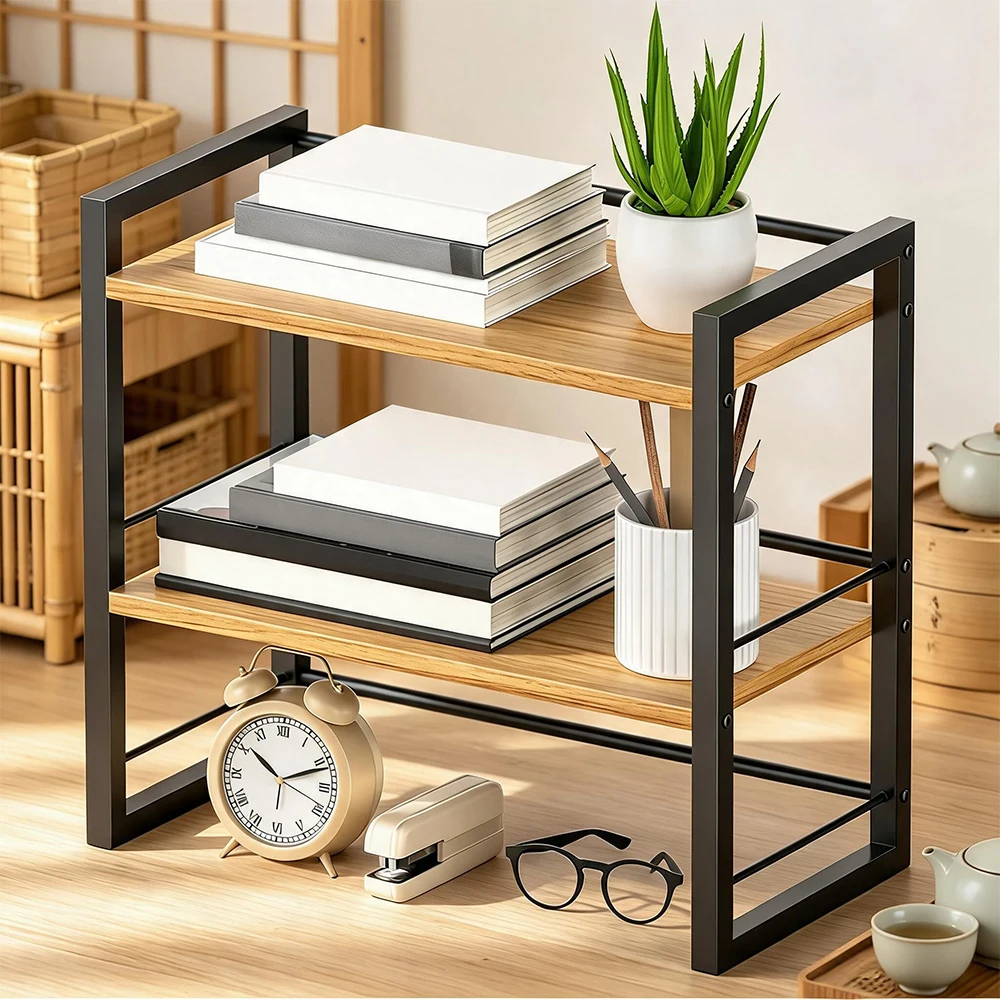 Scaffale a doppio strato per scrivania, struttura in metallo, legno naturale, angolare, salvaspazio, libreria per ufficio domestico, per monitorare e organizzare la conservazione dei libri in ufficio