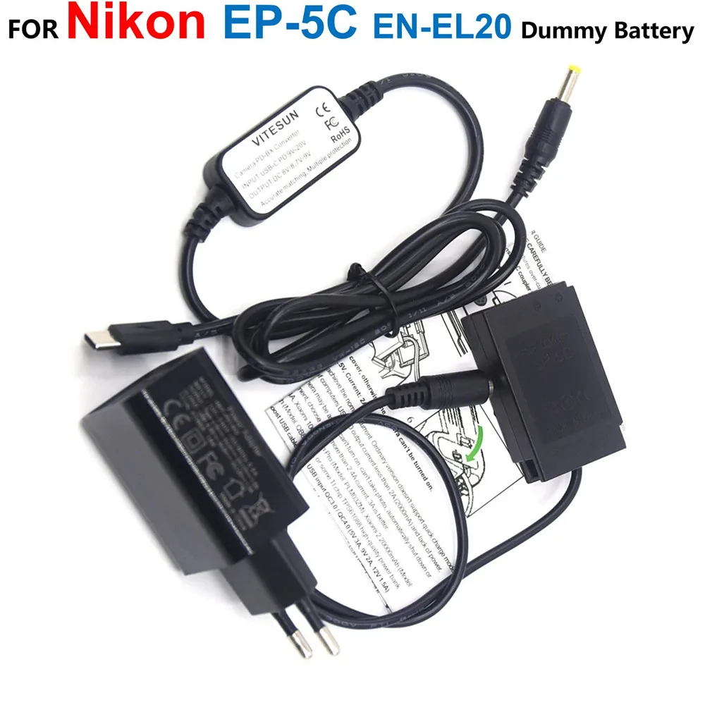 

EP-5C EP5C DC Coupler EN-EL20 Dummy Battery+USB Type-C Power Bank Cable+PD Charger Adapter For Nikon 1J1 1J2 1J3 1S1 1AW1 V3