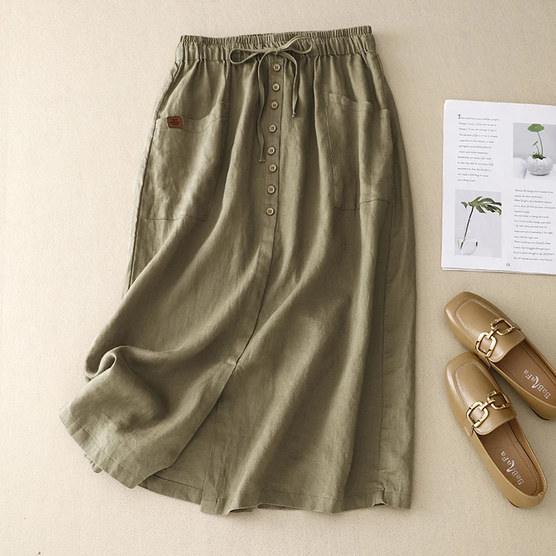 

Casual Japanese Sle Linen A-Line Skirt Women Summer High Waist Slimming Split Skirts Commute Pure Color mid Length