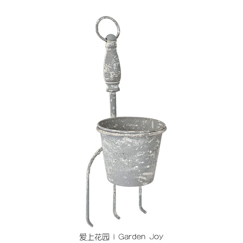 Vintage Grey Flower Pot with Iron Handle and Spade, Hanging Planter without Drainage Hole