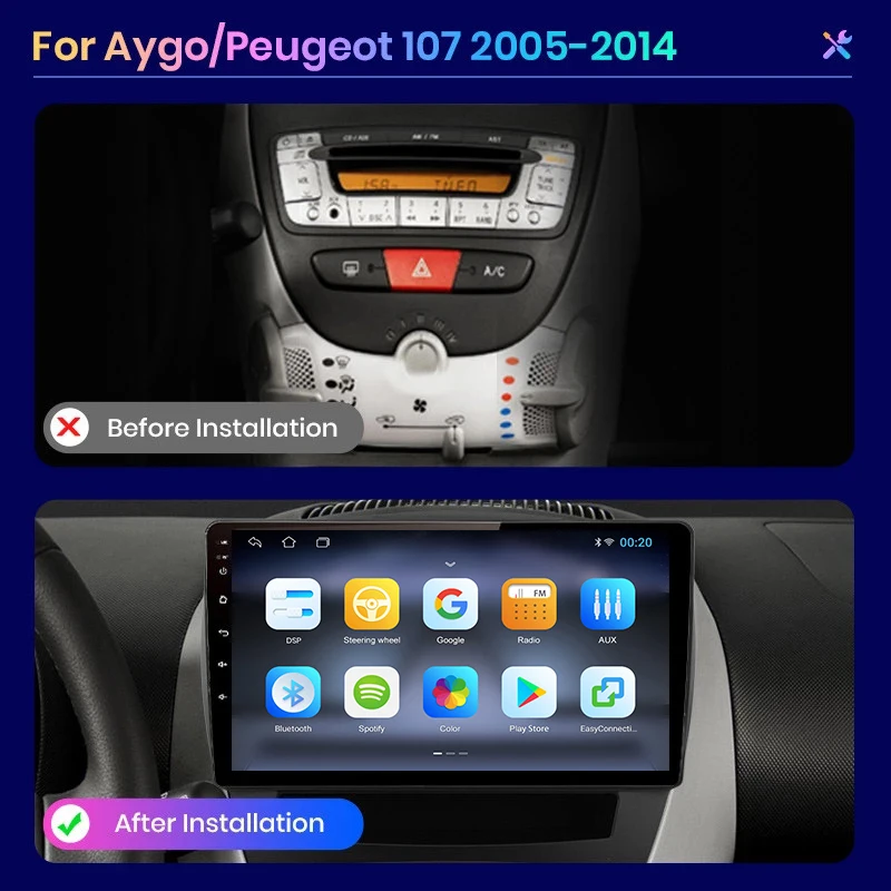 AWESAFE Autoradio For Peugeot 107 Citroen C1 Toyota Aygo 2005-2014 2006 2008 Car Radio Multimedia 2din Android CarPlay Stereo