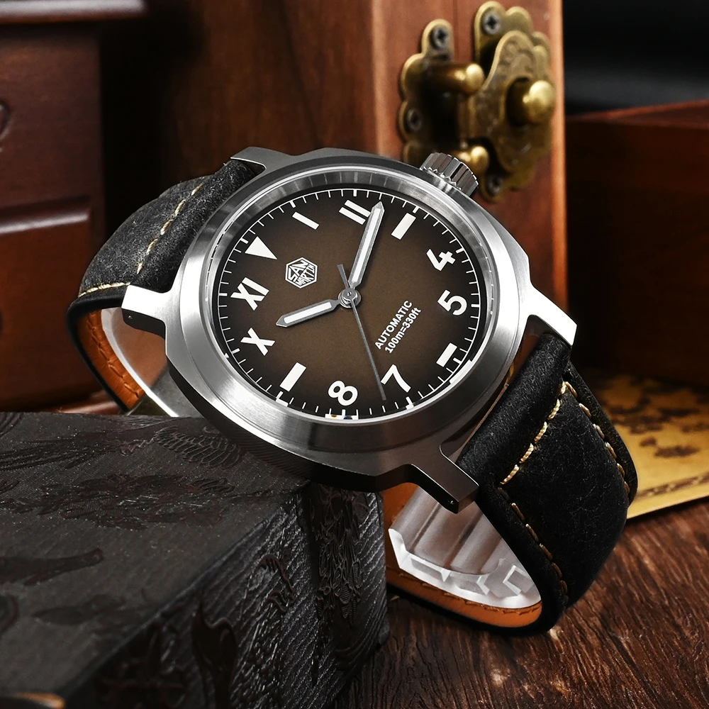 San Martin Men Watch 40mm YN55 Gradient Brown Dial Vintage Simple Automatic Mechanical 10 Bar BGW-9 Quick Release Leather Strap