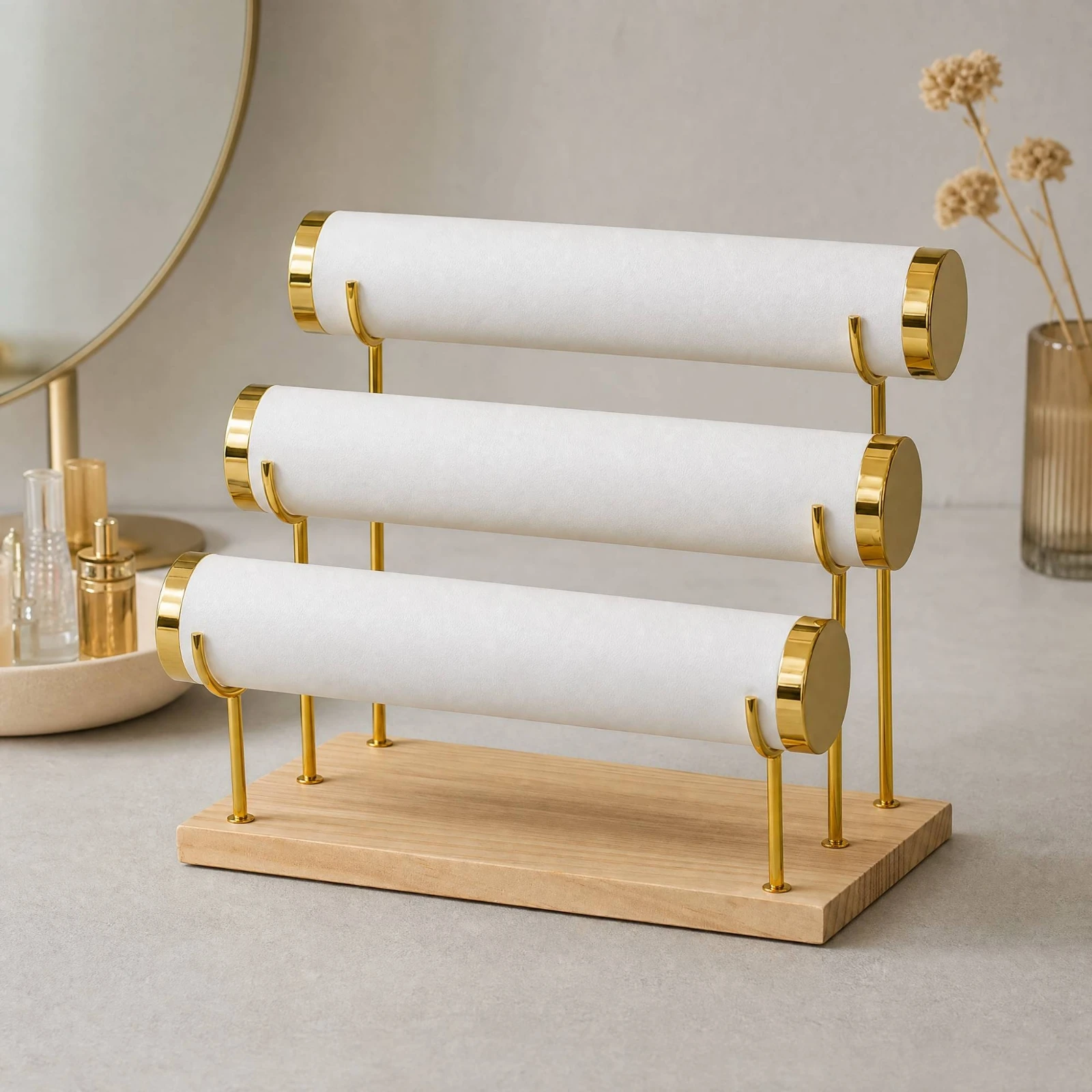 Bracelet Display Stand with Wood Base Gold-Tone Three-Tier Jewelry Display Rack Tiered Jewelry Organizer Stand Elegant