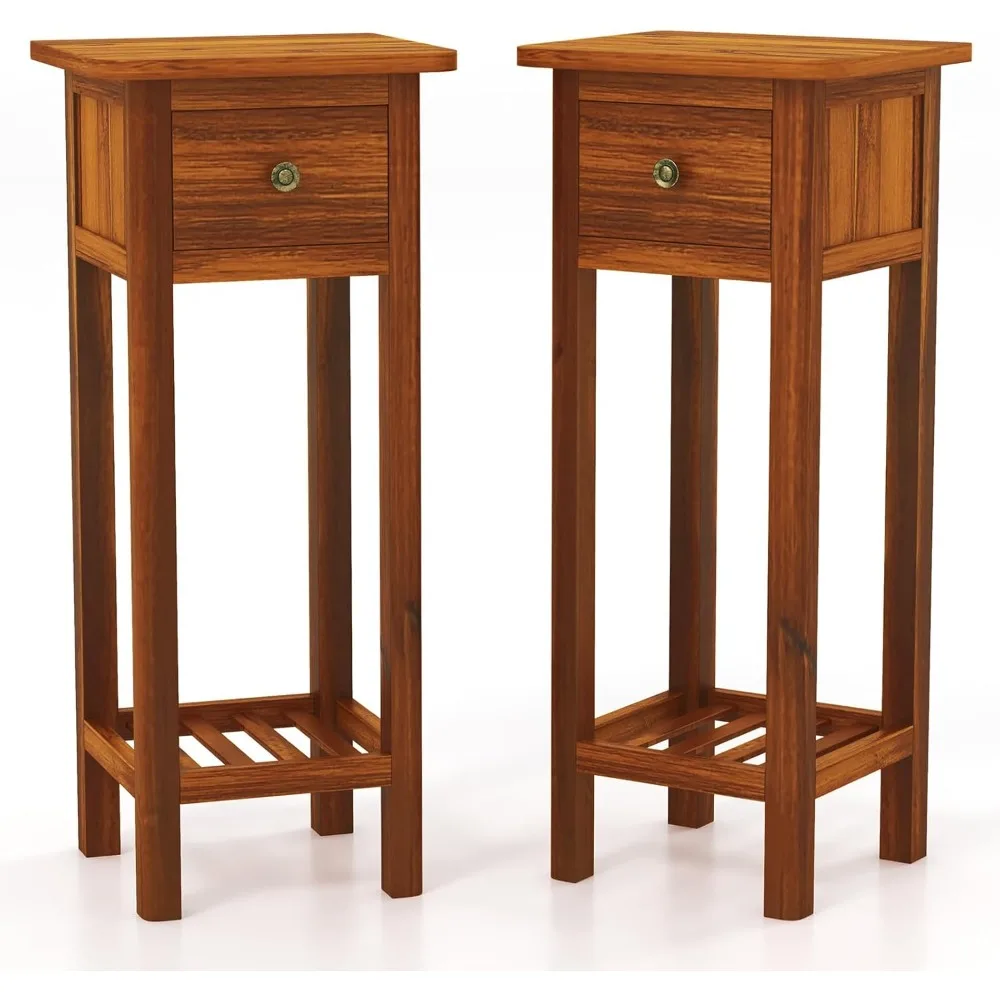 

Narrow Side Table, Small End Table for Small Spaces, Farmhouse Acacia Wood Slim Bedside Table w/Drawer & Open Shelf, 2-Tier Tal