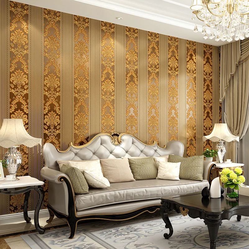 European Style Non-woven Wallpaper 3D Vertical Stripe Luxury Damask Striped Wallpaper TV Background Wall Simple Home Decoration