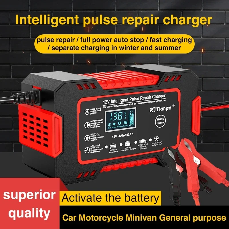 

Car Battery Charger 6V 12A Touch Screen Pulse Repair LCD Fast Power Charging Wet Dry Lead Acid Digital LCD Display