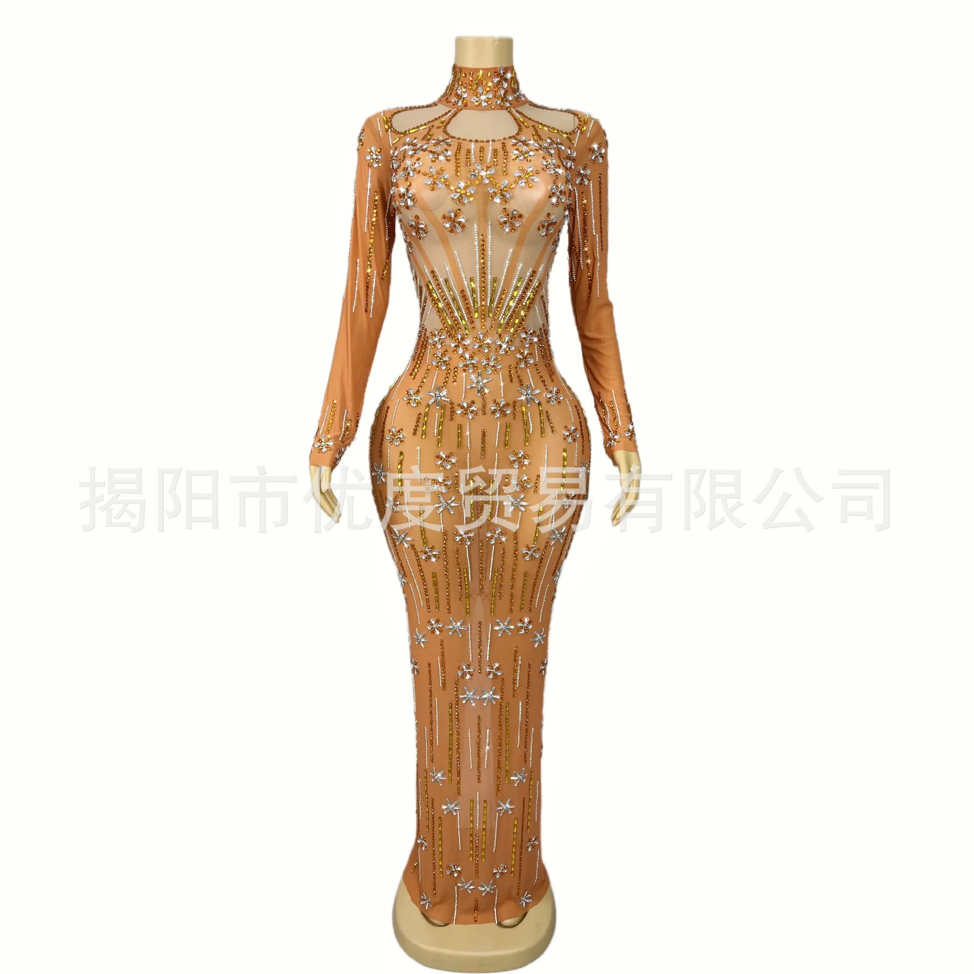 فستان بتصميم نحيف بأكمام طويلة من حجر الراين اللامع وحفلات أعياد الميلاد وحفلات الاستقبال وأداء الليل فستان طويل فساتين سهرة برتقالية