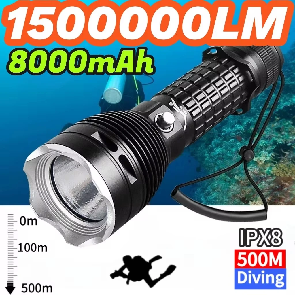 High Power Diving Flashlight IP68 Highest Waterproof Rating Professional Diving Light Powered by 18650 Battery With Hand Rope