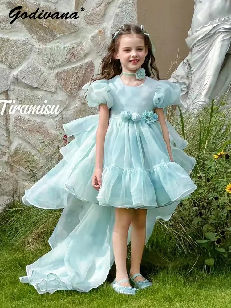 

Sweet Girls Summer High End Gradient Long Tail Princess Dress Kids Fashion Puff Sleeve 3D Floral Mesh Ruffle Trim Birthday Gown