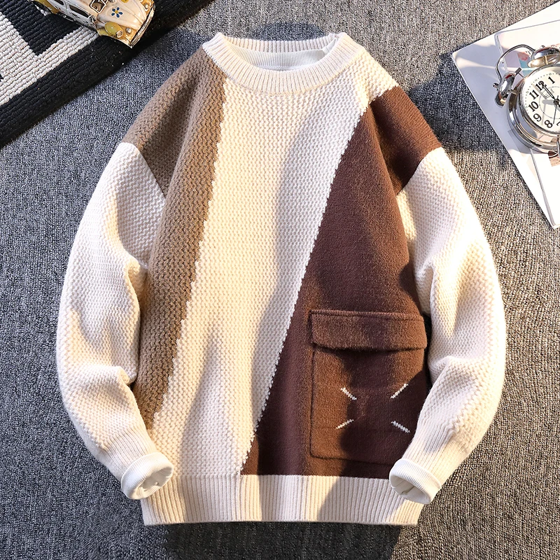 

Premium Color Block Sweater Men Korean Style Relaxed Fit Thick Knit Pullover Winter Luxury Lazy Style Comfortable Sweater
