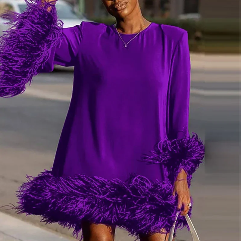 Trendy Sexy Patchwork Feather Women Evening Dress Fall Elegant O-neck A-Line Mini Dress Winter Flare Sleeve Femme Pullover Dress