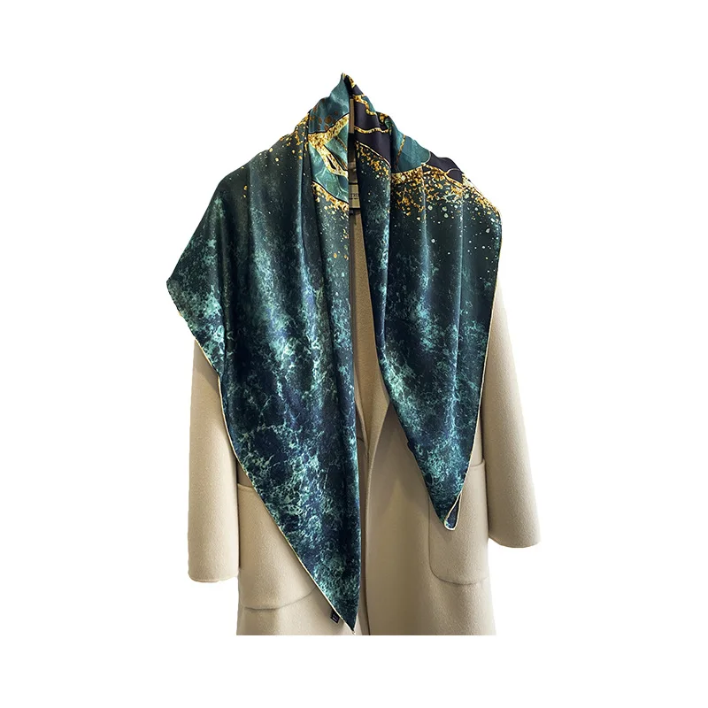 New Green Aurora Black Gilt Stitching Contrast Color Women Real Silk Twill Shawl 110cm Large Square Travel Dress Scarf 12MUMI