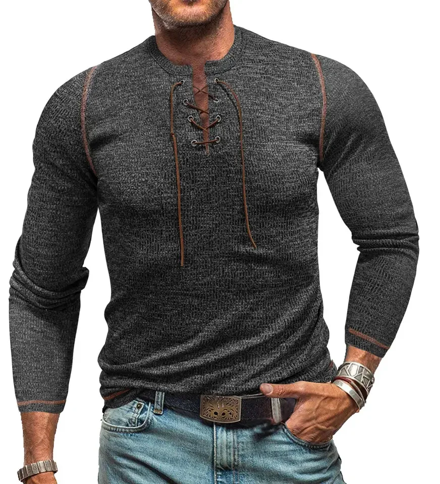 2025 American European New Fashion Men's Solid Color Lace-up Henry Collar Long Sleeve O-neck Undershirts Male Clothes T-shitrs