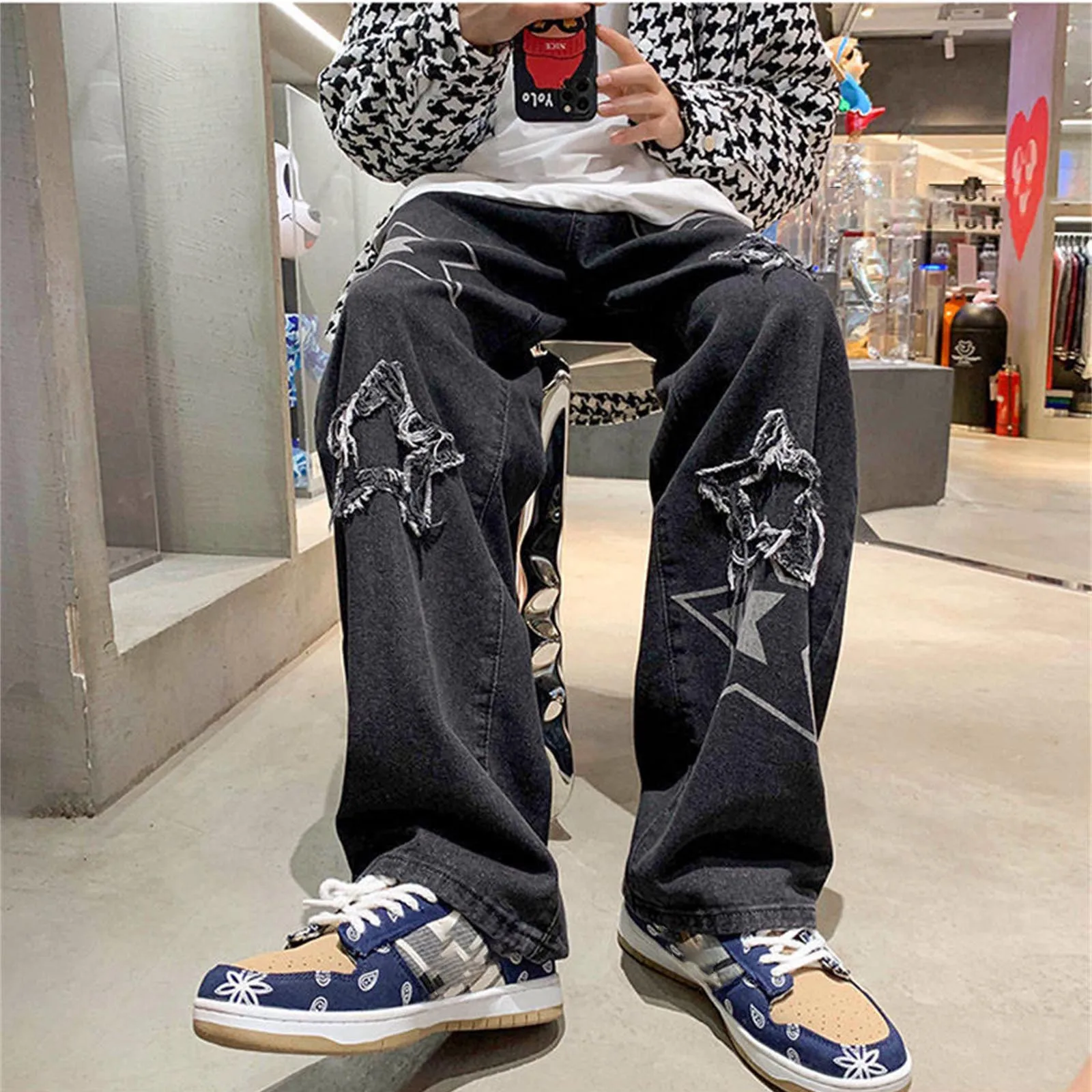 Y2k Baggy Jeans For Men Korean Fashion Star Embroidery Wide Leg Straight Denim Pants Hip Hop Loose Demin Trousers Streetwear