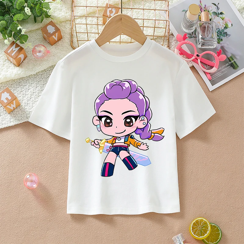 

K-pop Demon Hunters White T-shirts for Girls Anime Cartoon Cute Short Sleeved Shirt Children Summer Fashion Sweet T-shirt Gifts