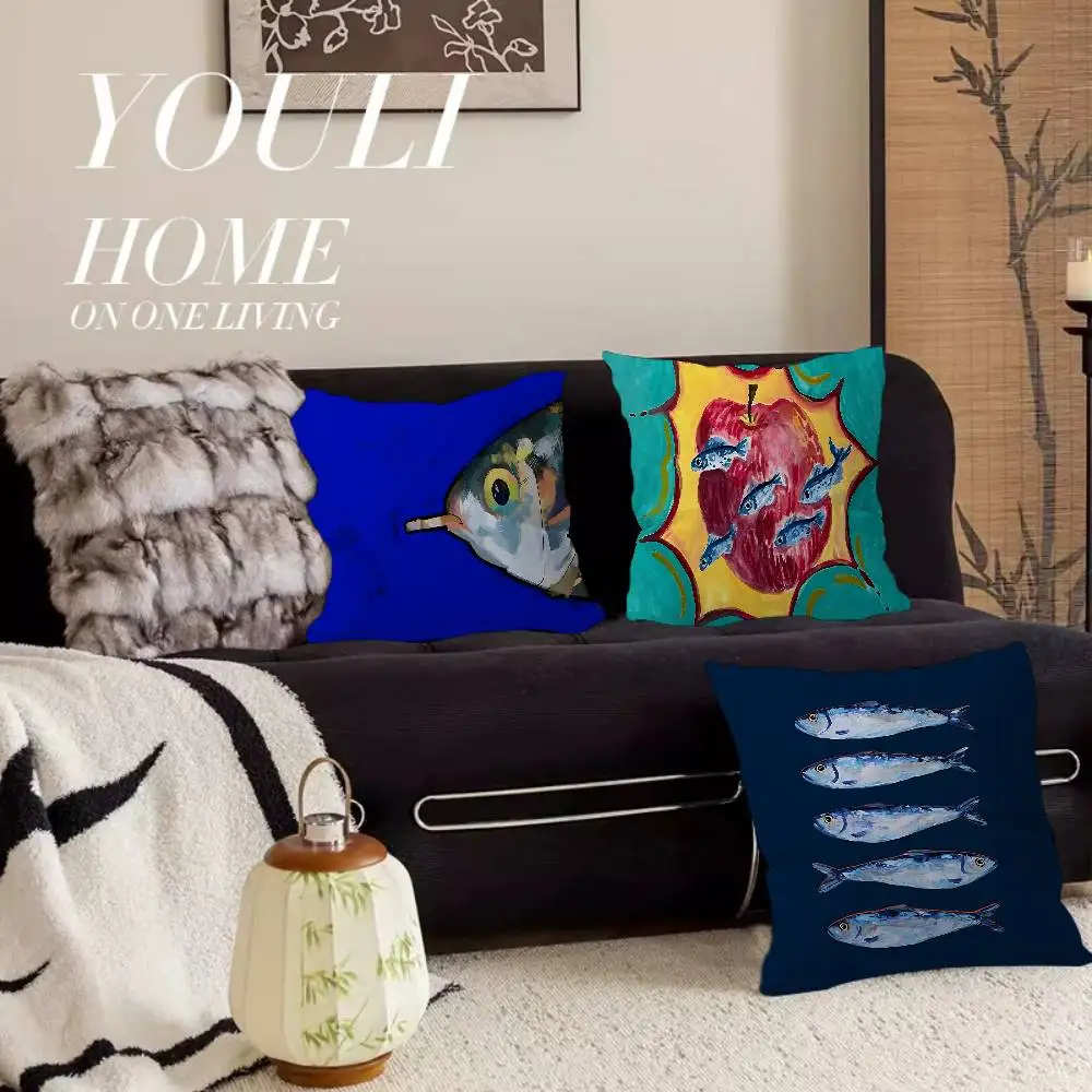 Colorful Sardine Lobster Fish Ocean Cushion Cover Pillow Cover Decor Pillowcase Printed Cushion Case for Couch