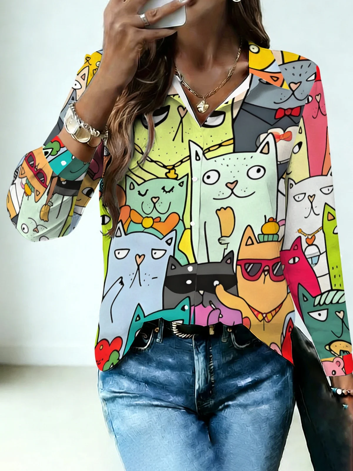 Trendy Stylish Accessory Cat Womens Collared Shirt Full Color Cool Hip Hop Kitten Allover Print Long Sleeve Daily Dating Blouse