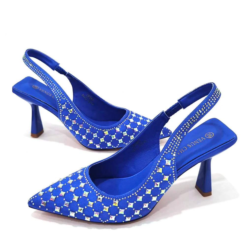 Italian Design Luxury Women\'s Shoes And Clutch Blue Color Full Diamond Decoration Metal Closure Bag for Wedding Party